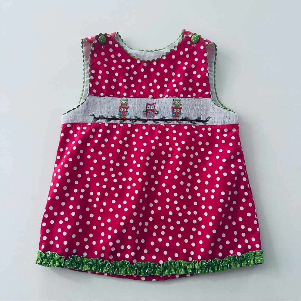 Candyland Girls 6 Pink Owl Hand Smocked Polka Dot Top